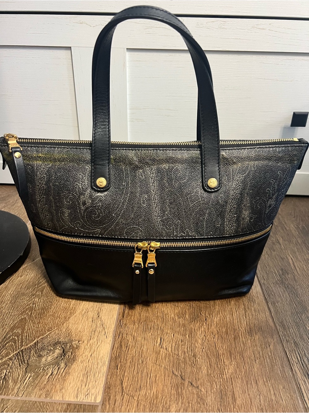 Etro Paisley Jacquard & Black Leather Trimmed Double-Zip Tote Bag